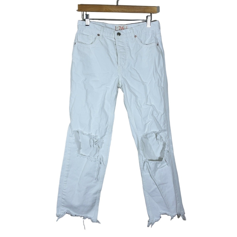 Free People We The Free Distressed Straight Leg Jeans White Frayed Hem Size 26